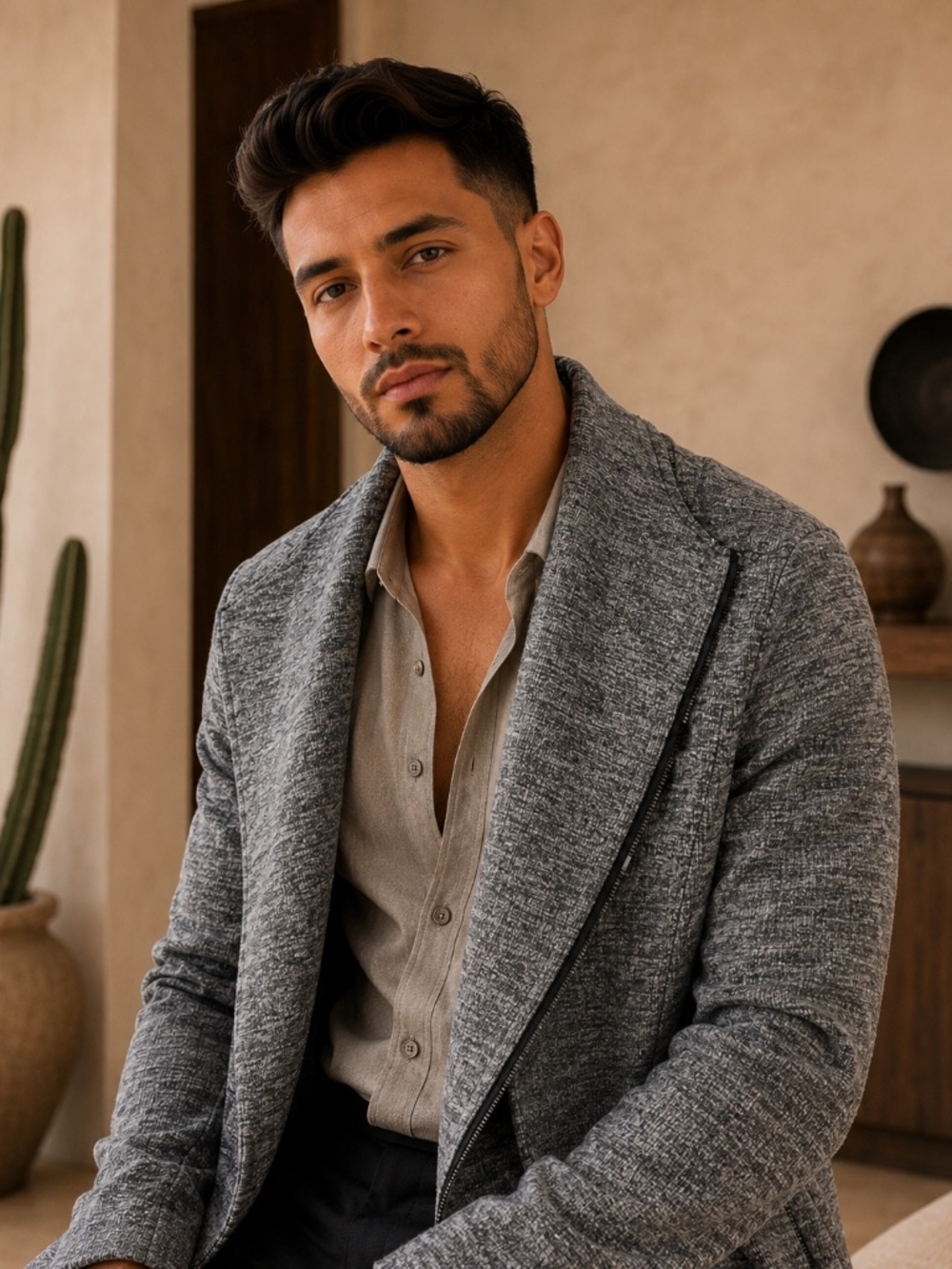RNT23 Gray Asymmetrical Zip Cardigan Coat Men’s XXL Stretch Knit 46” Chest